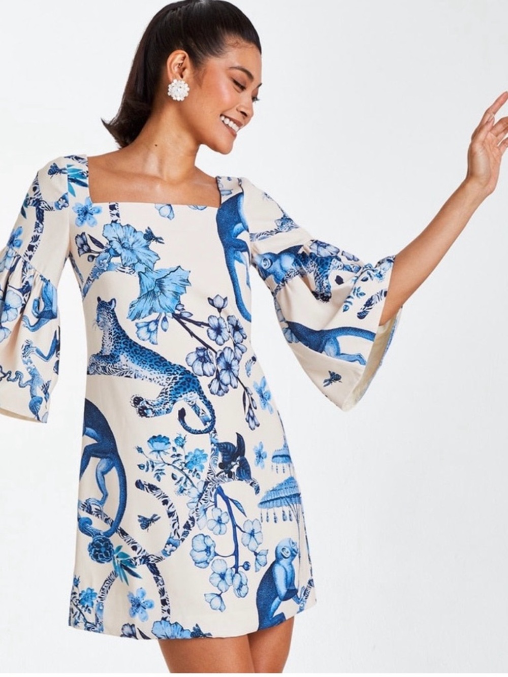 Square-Neck Mini Dress in Cream with Blue Botanical Print